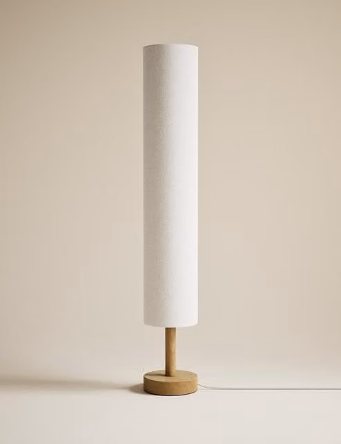 M&S Modern Floor Lamp with Fabric Cylinder Shade and Wood Base in Sand/Beige/White