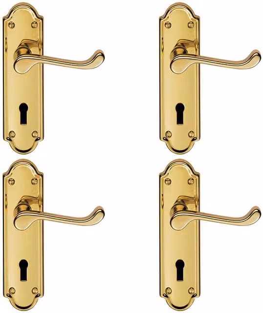 Loops 4x Pair Victorian Upturned Handle on Lock Backplate in Polished Brass, W: 16.8 cm, H: 4.7 cm