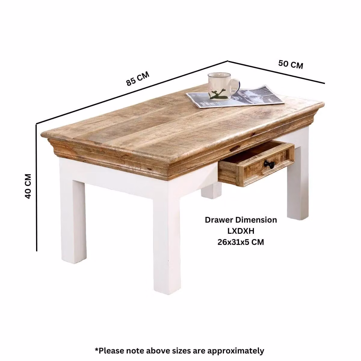 IH Design Curley White Solid Mango Wood Coffee Table with Drawer W/D/H: 85 x 50 x 40 cm – 3