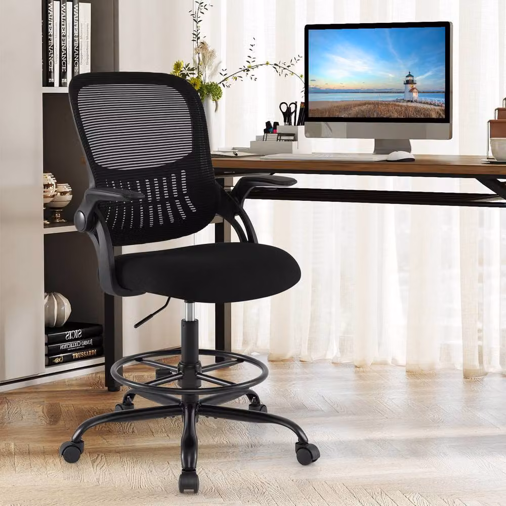 Costway Black Ergonomic Drafting Chair with Swivel, Armrests and Foot Ring – 3
