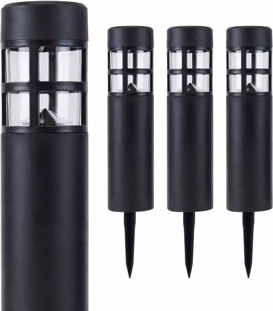 Gardenwize Pack of 4 Solar LED Pillar Stake Lights in Black with Warm White Illumination