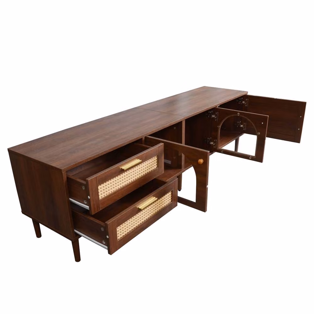 BTM Brown Rustic TV Cabinet with Rattan and LED Lights, W: 180 cm, D: 40 cm, H: 50 cm – 6