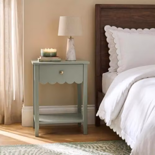 OHS Scallop 1 Drawer Bedside Table and End Table with Open Storage Shelf, Green – 1