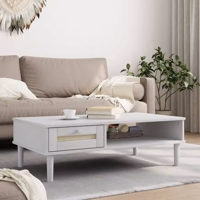 Berkfield Home SENJA Coffee Table in White Rattan Look Solid Pine Wood, W/D/H: 100 x 55 x 33 cm