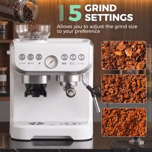 HOMCOM Espresso Machine with Bean Grinder and Steam Wand, 15 Bar Pressure, White – 3