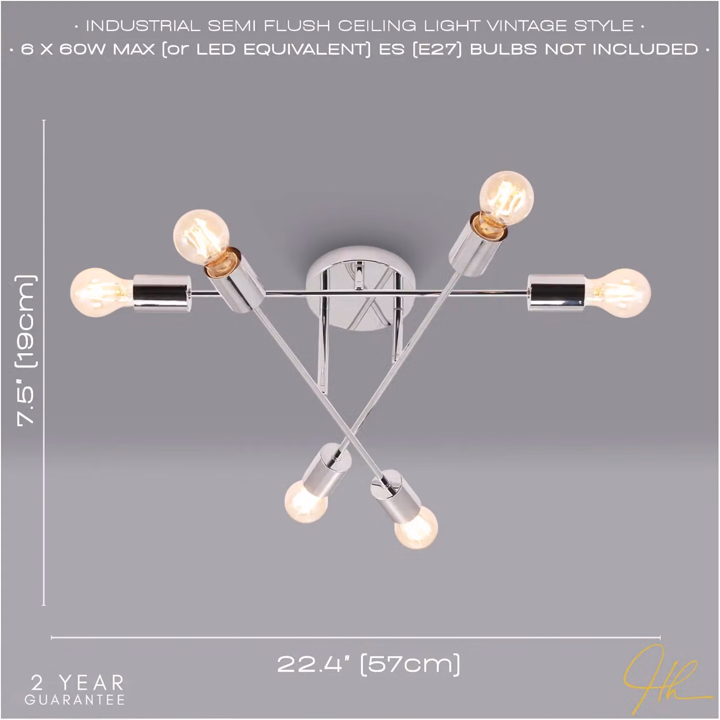 Happy Homewares Industrial Style Silver Metal Ceiling Light with Transparent Shades – 2