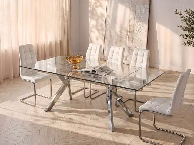 Vente-unique Extendable Rectangular Dining Table in Transparent Glass and Silver Metal, W/D/H: 180 x 90 x 76 cm