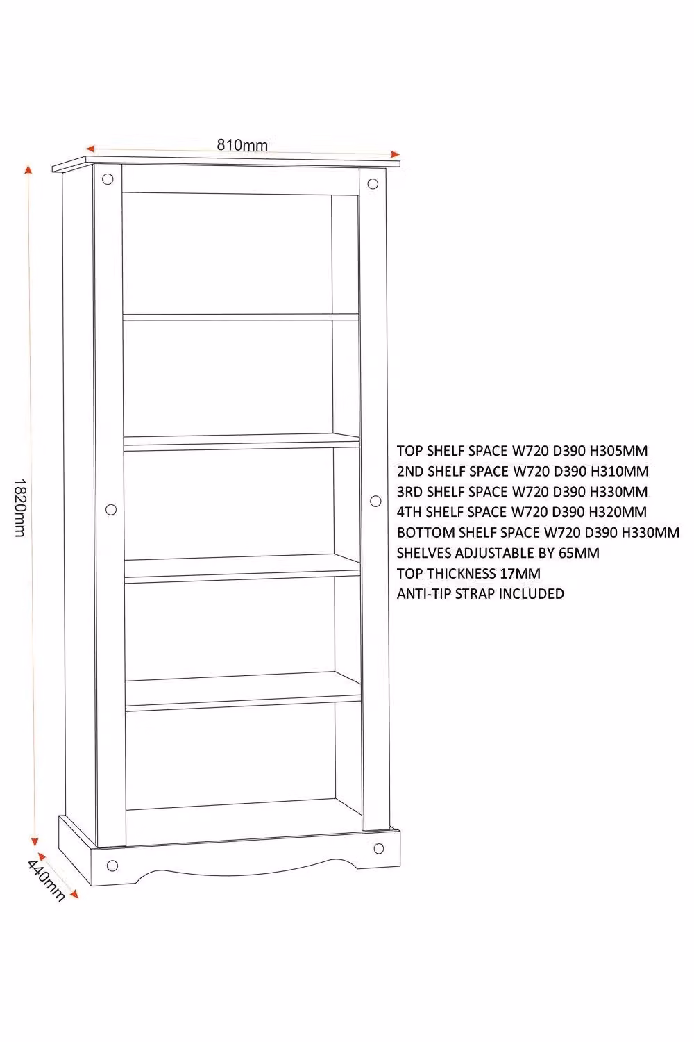 Seconique Corona Tall Rustic Pine Bookcase in Brown, Height: 182 cm – 3