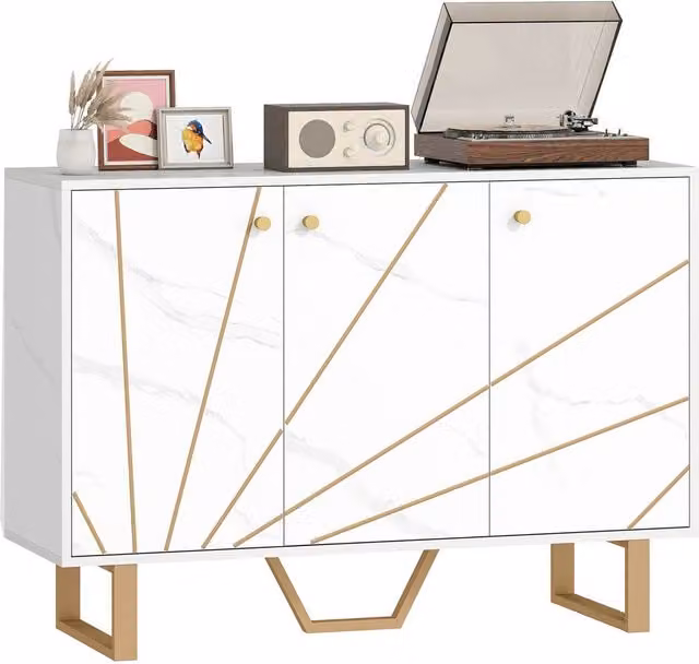ERGOVEXA Modern Sideboard Storage Cabinet in White and Gold with Adjustable Shelving – 1