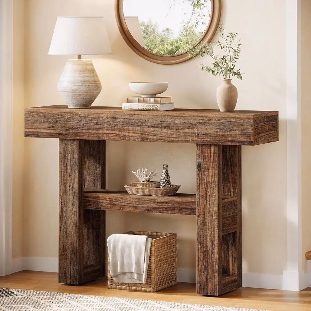 VOGREX 2-Tier Rustic Farmhouse Wooden Console Table, Brown, Width: 105 cm – 2