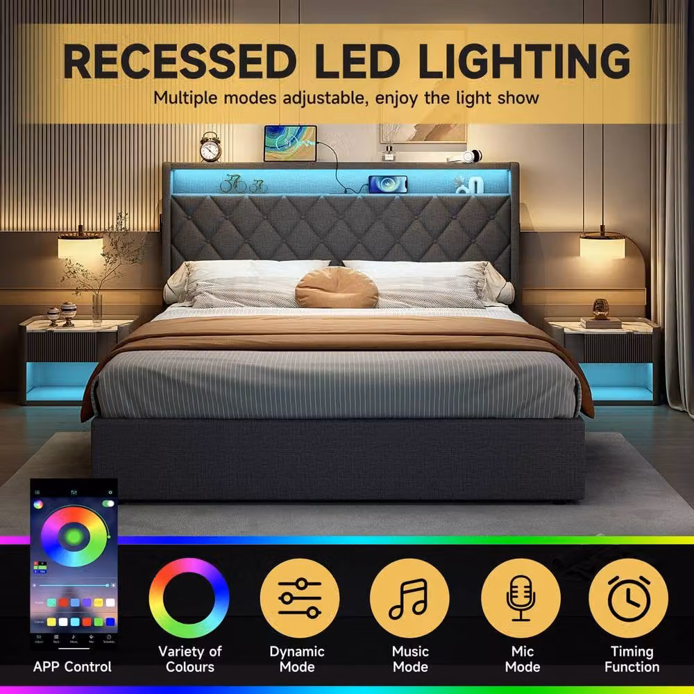 Rolipo Grey Double Ottoman Upholstered Bed Frame with LED Lighting and USB Charging Ports, W/D/H: 140 x 200 cm – 3