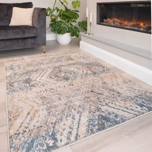The Rug House Distressed Diamond Vintage Living Area Rug, Multicolour/Beige, W: 230 cm, D: 160 cm