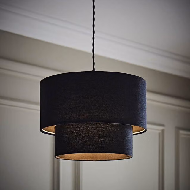 ValueLights Jodie Two Tier Linen Drum Ceiling Pendant Light Shade in Black – 1
