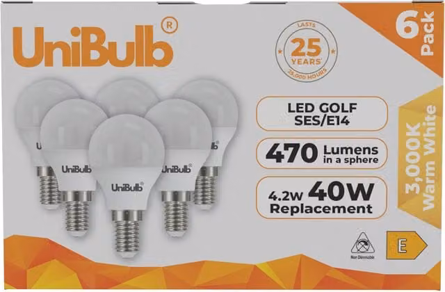 UniBulb LED Golf Ball E14 Decorative Light Bulb, 470lm, 3000K Warm White