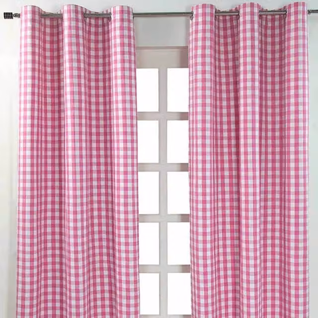 Homescapes Pink Cotton Block Check Gingham Eyelet Curtain Pair, Height: 228 cm, Width: 137 cm