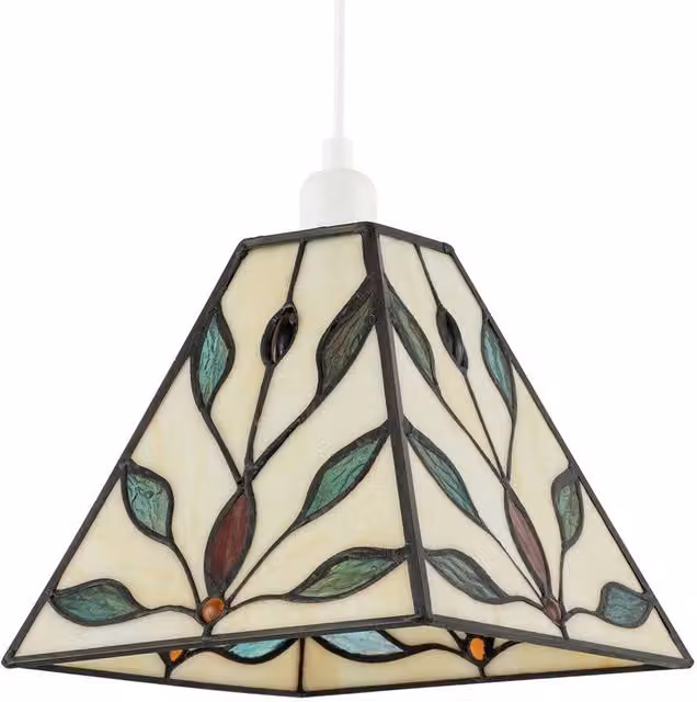 Happy Homewares Square Tiffany Glass Pendant Light Shade in Multicolour with Emerald Green Leaves – 1