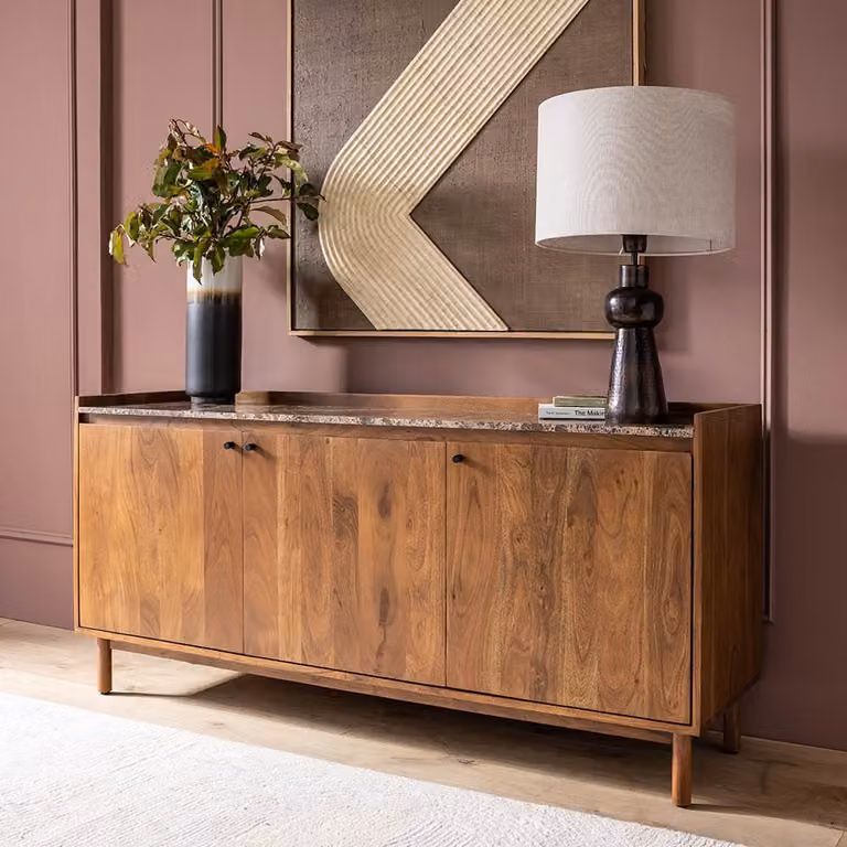 Atkin and Thyme Brera Mid-Century Marble and Acacia Wood Sideboard in Brown