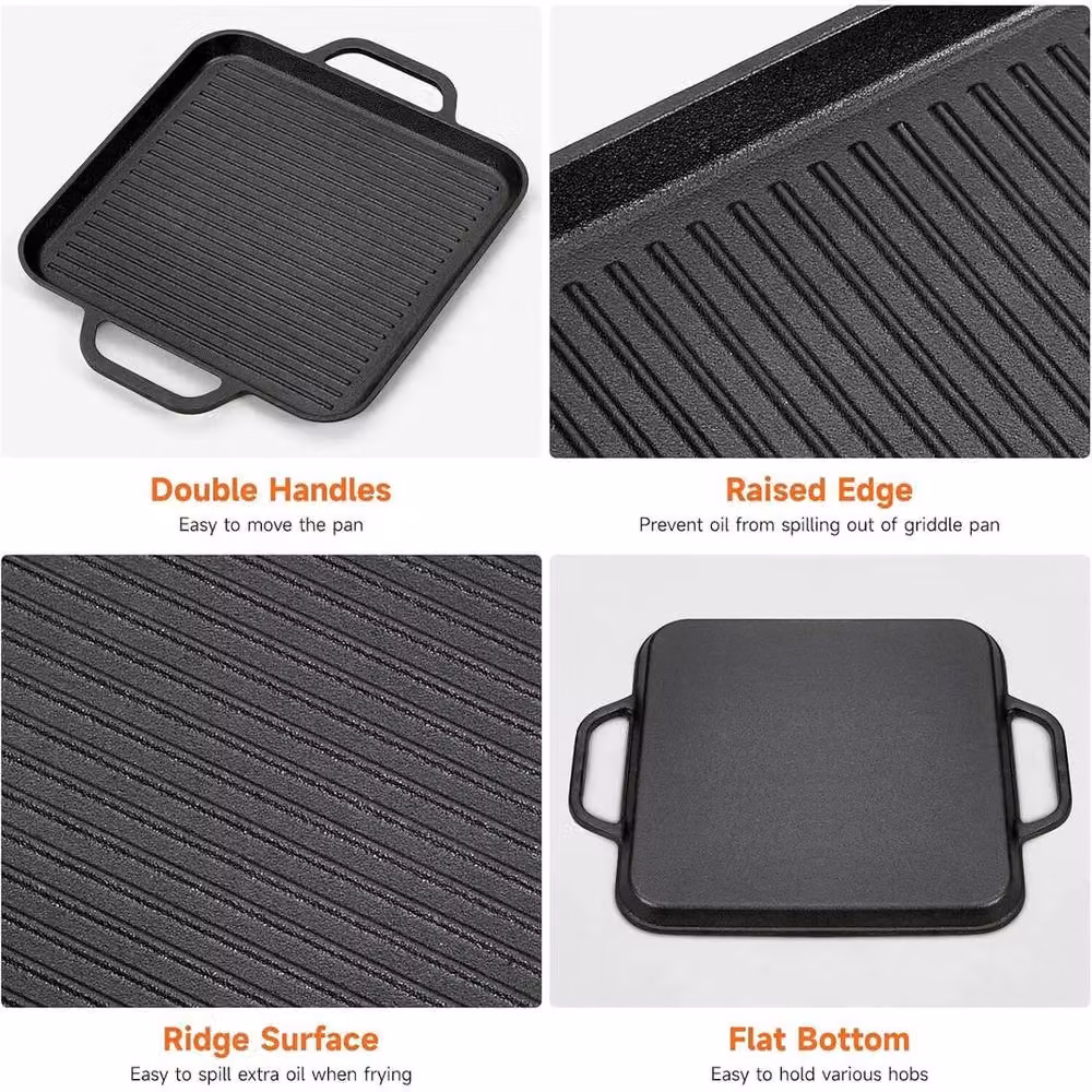 Kelvenix Non-Stick Cast Iron Grill Griddle Skillet Pan with Double Handles, Black, W: 35 cm, D: 28 cm, H: 2 cm – 3