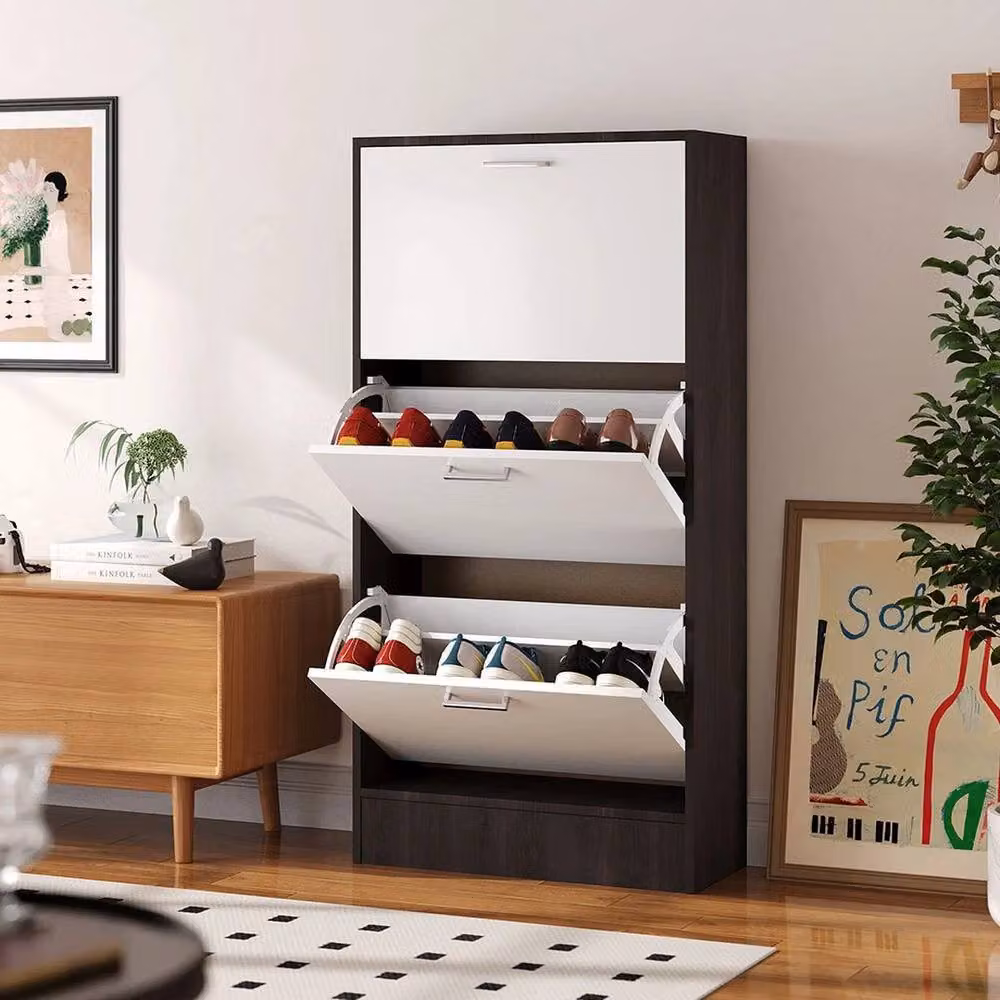 PAWNORA Modern 3 Drawer Brown Shoe Cabinet with Tilting Compartments – 3