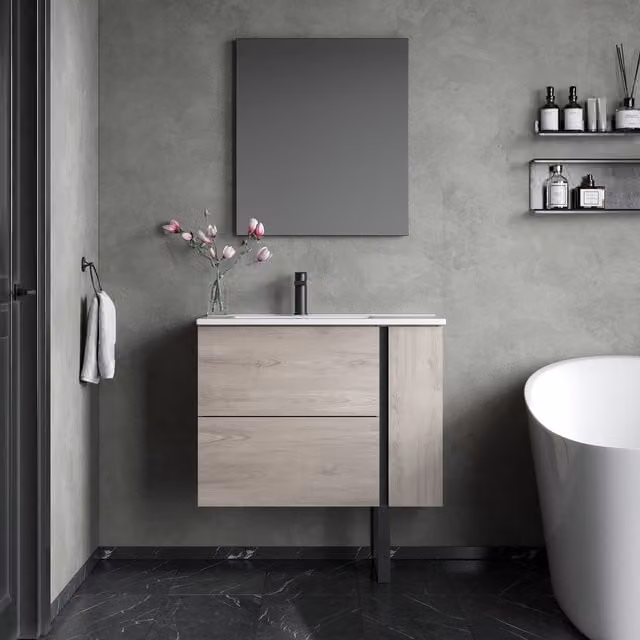 Banyetti Evora 800mm Wall Hung Vanity with Lira Offset Basin in Iron Oak and Light Grey