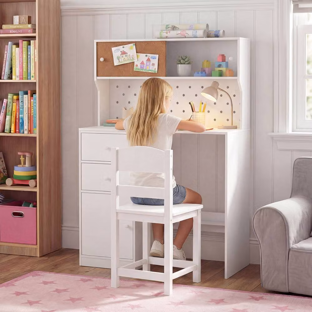CASART Kids Wooden Study Desk and Chair Set with 2 Cabinets and 3 Drawers in White – 2