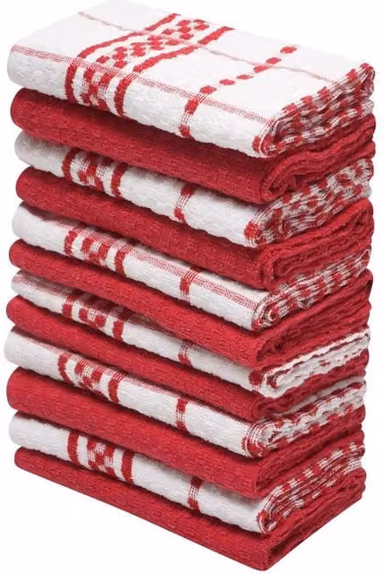 K Collection Checked Cotton Terry Tea Towel Set, Red, Pack of 12 – 1
