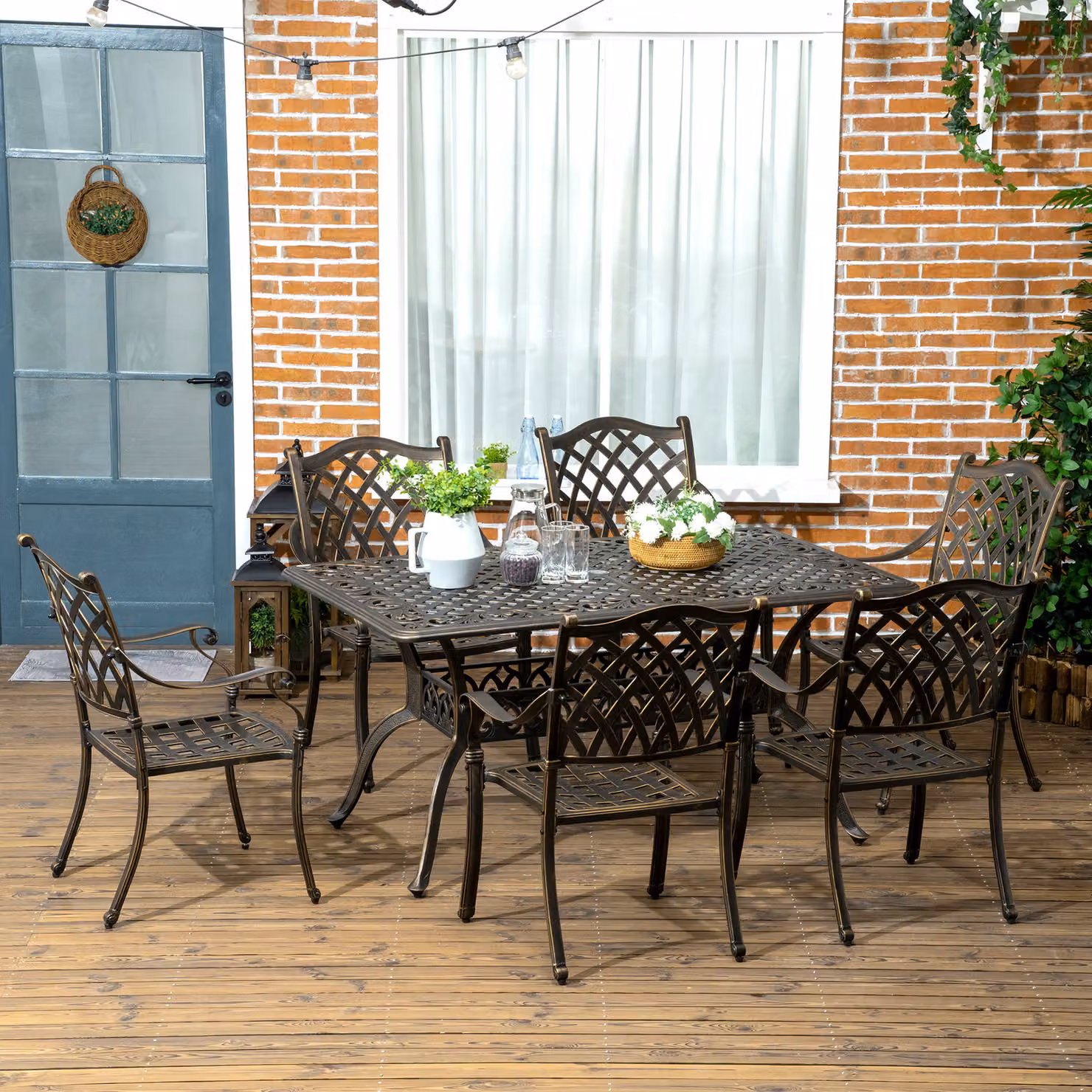 Outsunny 7-Piece Cast Aluminium Garden Patio Dining Set with Parasol Hole and Cushions in Bronze – 2