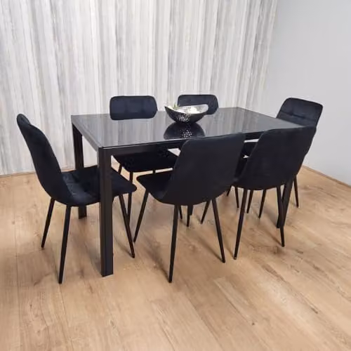 Kosy Koala Black Glass Rectangular Dining Table and 6 Black Velvet Chairs Set