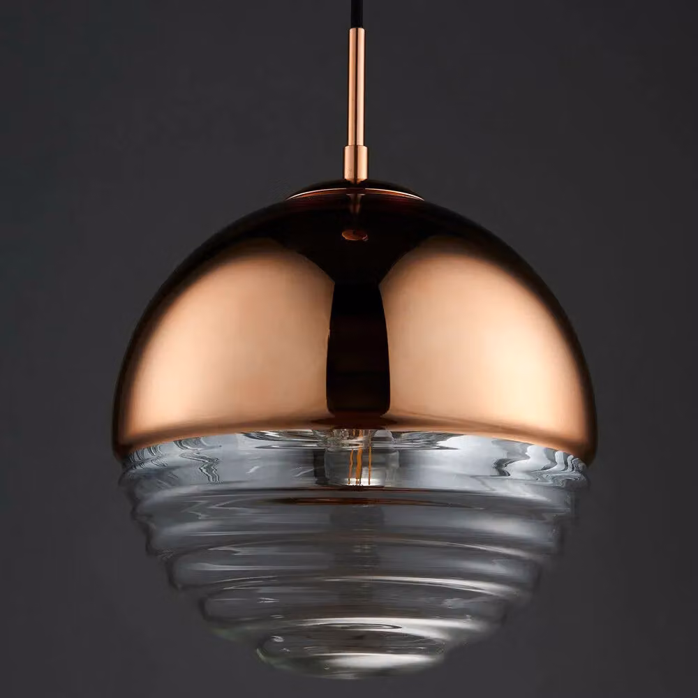 Loops Copper and Transparent Ribbed Glass Sphere Hanging Ceiling Pendant Light – 2