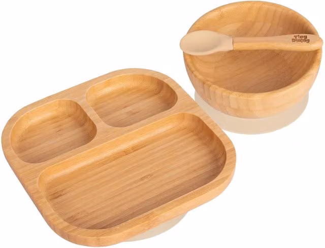 Tiny Dining Childrens Bamboo and Silicone Suction Divided Dinner Set in Beige and Yellow