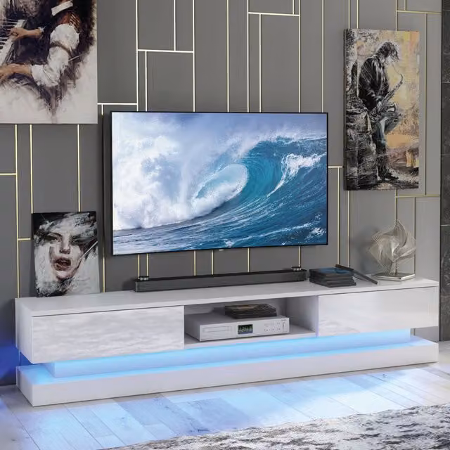 Creative Furniture Bloom Modern Glossy TV Unit with Integrated Lighting, White, W: 180 cm, D: 35 cm, H: 36 cm