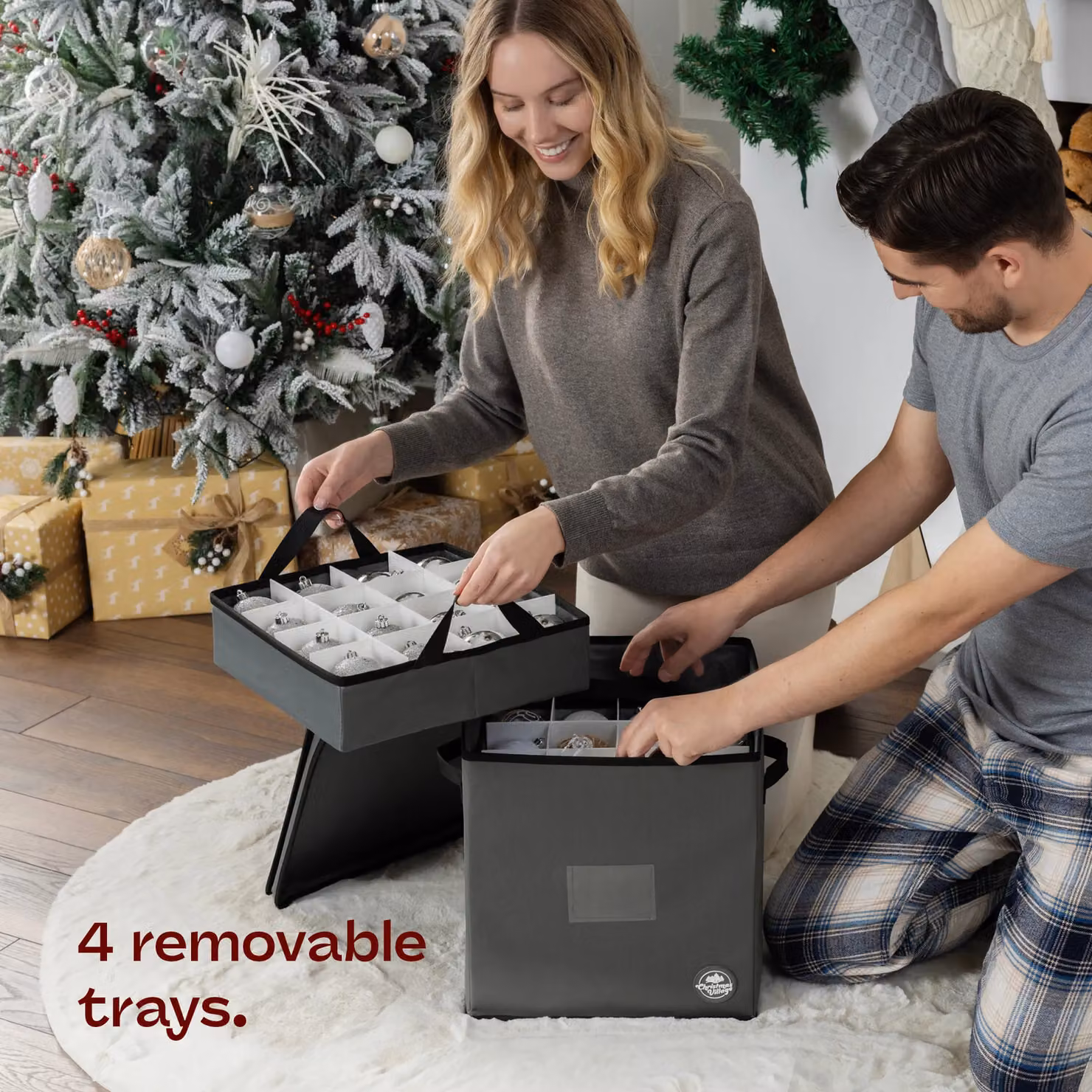 Christmas Village 64 Bauble Storage Bag with Adjustable Dividers and Removable Lid, Red and Grey – 5