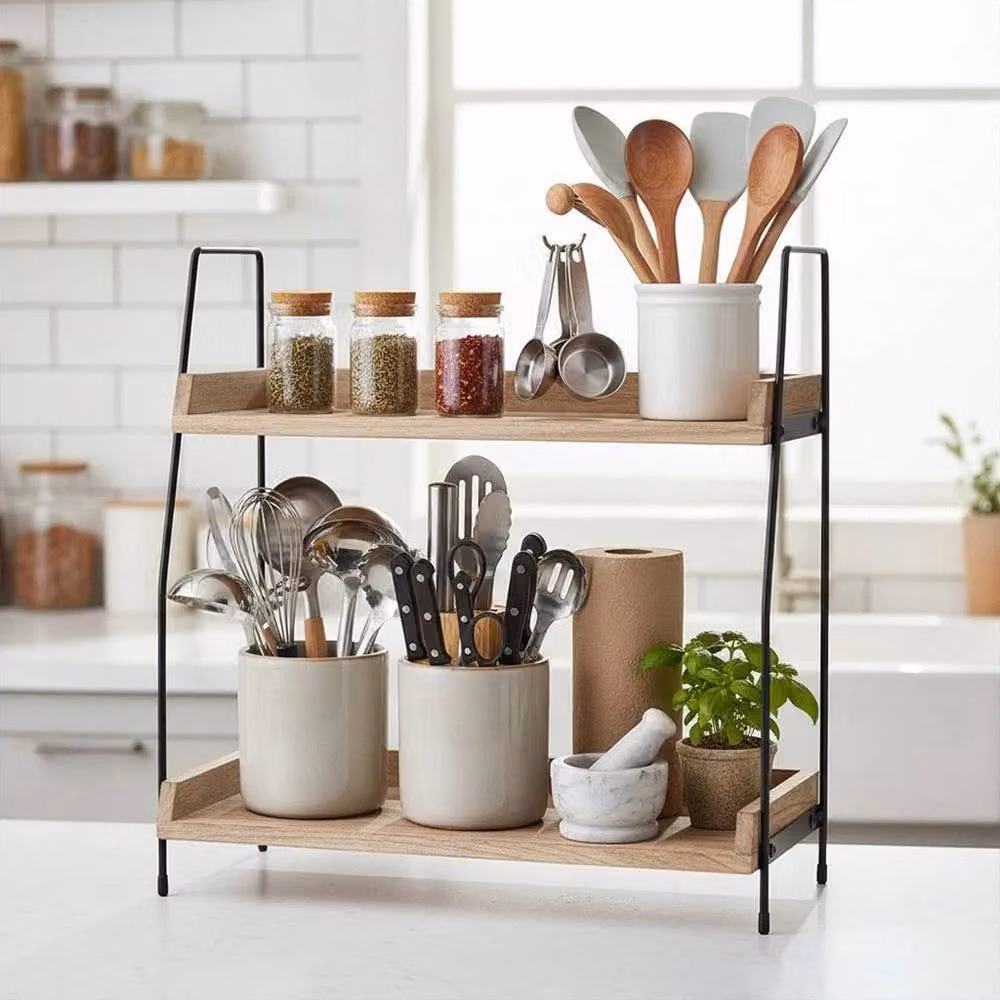 KORVIXA 2 Tier Vintage Wooden and Metal Organizer Shelf, Beige, W/D/H: 100 x 100 x 38 cm – 2