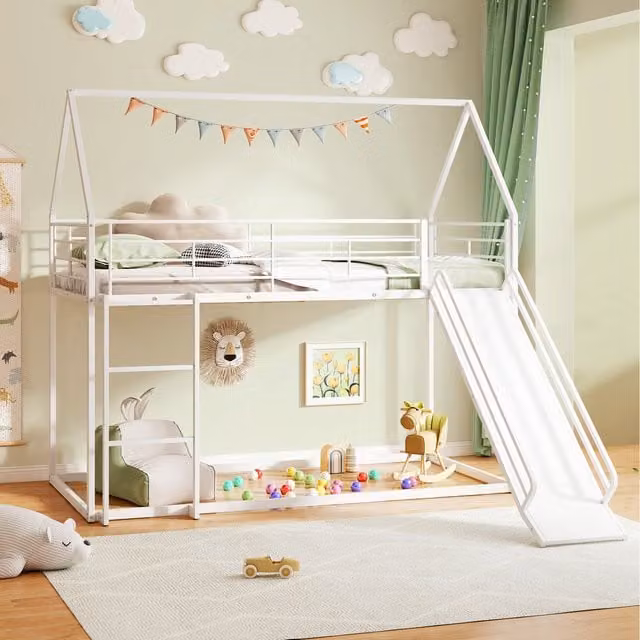 Costway House Shaped Kids Loft Bed Frame in White Metal
