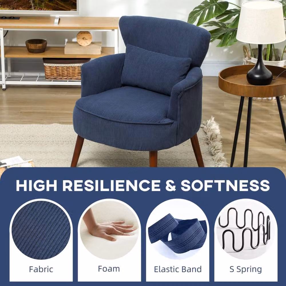 Wyld Haus Kesu Blue Corduroy Retro Accent Armchair with Solid Wood Frame and Armrests – 3