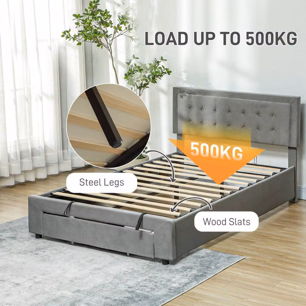 Wyld Haus Rela Double Ottoman Bed Frame with Lift Up Storage and Front Divan in Grey, W/D/H: 140 x 200 x 104 cm – 5