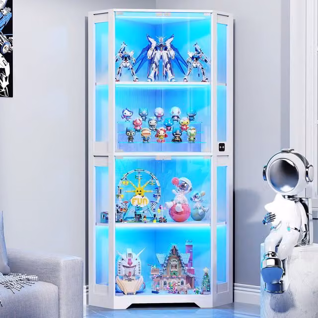 BROTTAR Corner Display Cabinet with Glass Doors and Integrated LED Lighting, White, W: 60.0 cm, D: 85.08 cm, H: 165.1 cm