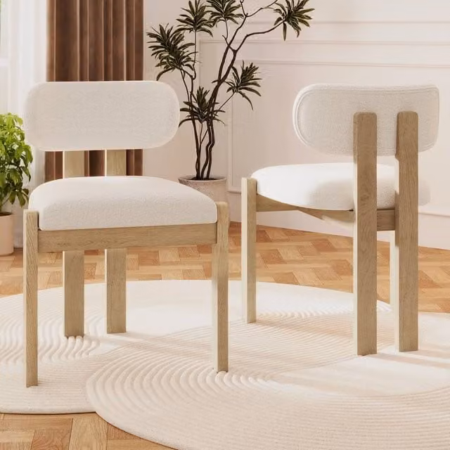 Merax Set of 4 Scandinavian Bouclé Dining Chairs with Solid Wood Frame and Curved Backrest in Beige and White