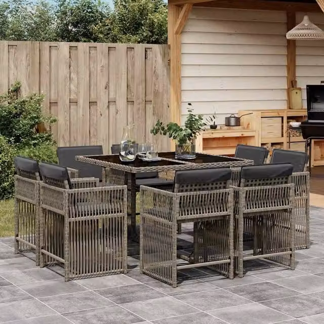 Berkfield Home 9 Piece Grey Poly Rattan Garden Dining Set with Cushions and Glass Tabletop – 1