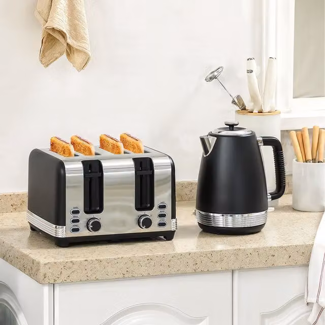 HOMCOM Black Stainless Steel Quick Boil 1.7L Kettle and 4 Slice Toaster Set with Crumb Tray