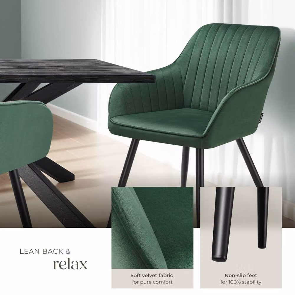 tectake Marilyn Set of 4 Dining Chairs in Dark Green and Black Velvet with Armrests – 4