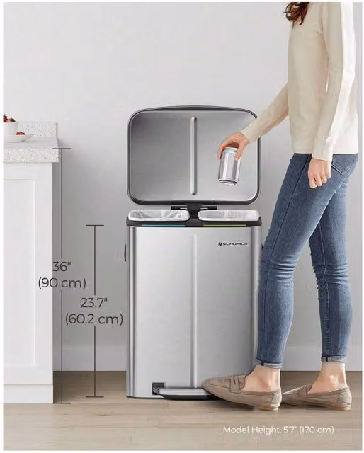 SONGMICS Dual Compartment Pedal Kitchen Bin with Soft Close in Silver and Black, W/D/H: 40.0 x 40.8 x 60.2 cm