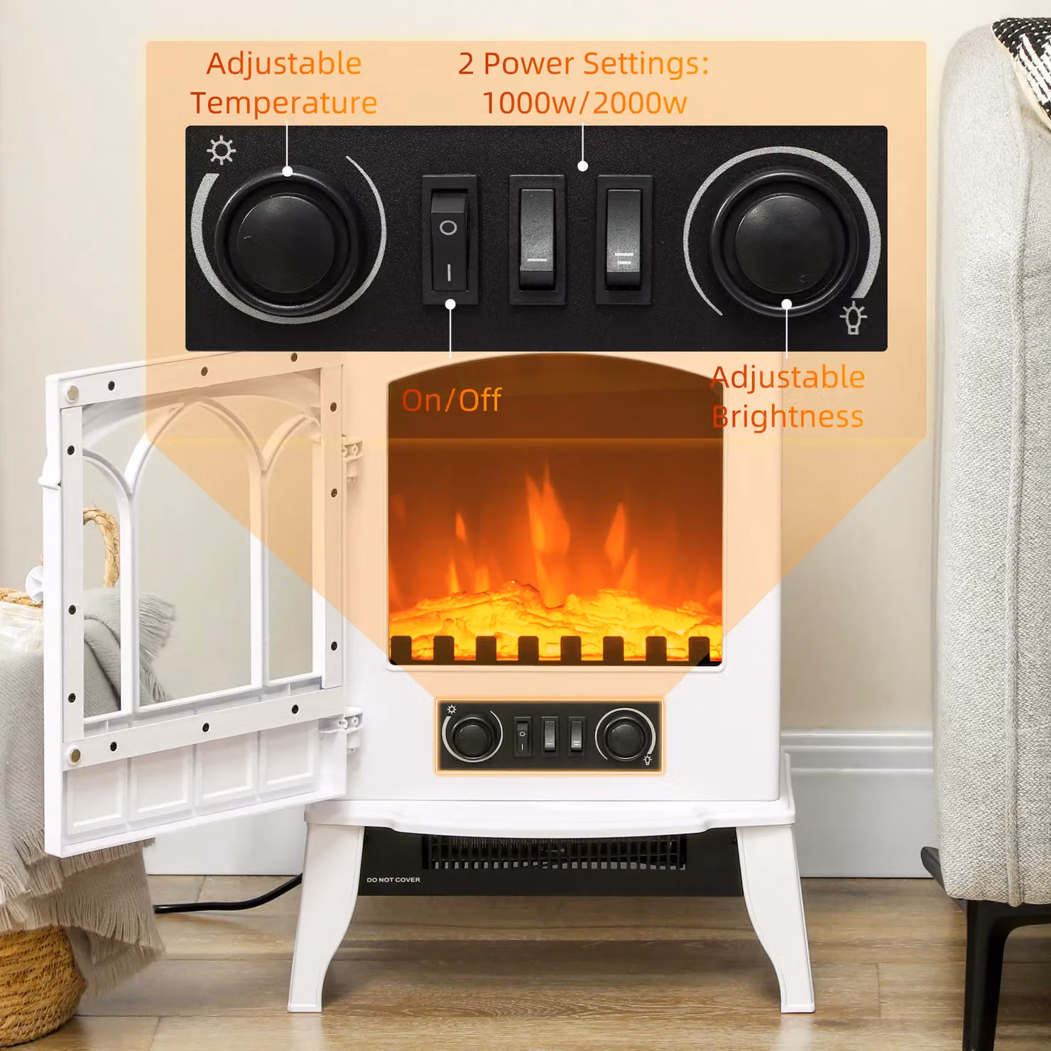 HOMCOM Electric Log Burner with LED Flame Effect in White, 2000W – 4