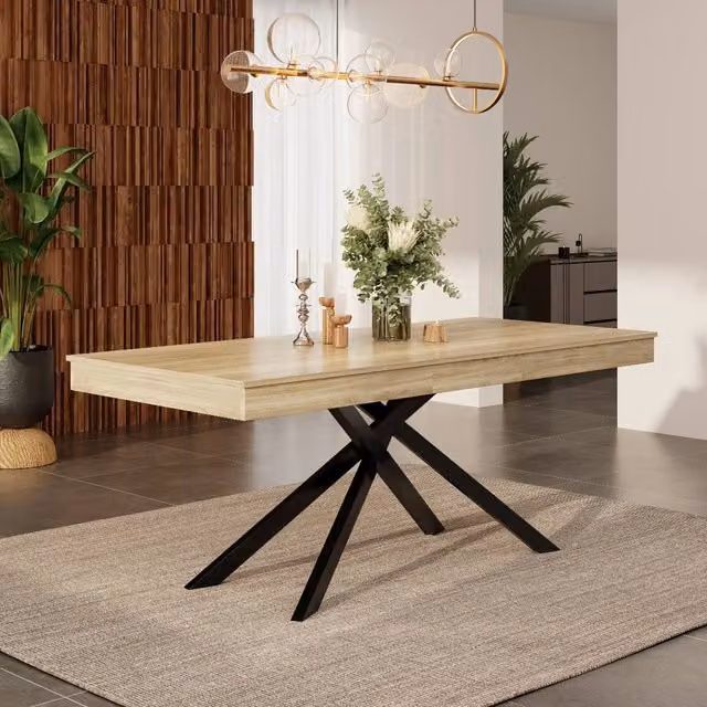 Rolipo Extendable Rectangular Dining Table in Brown Oak with X-Frame Metal Legs – 1