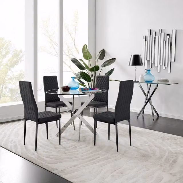 FurnitureboxUK Novara 100cm Round Glass Dining Table and 4 Milan Black Leg Chairs