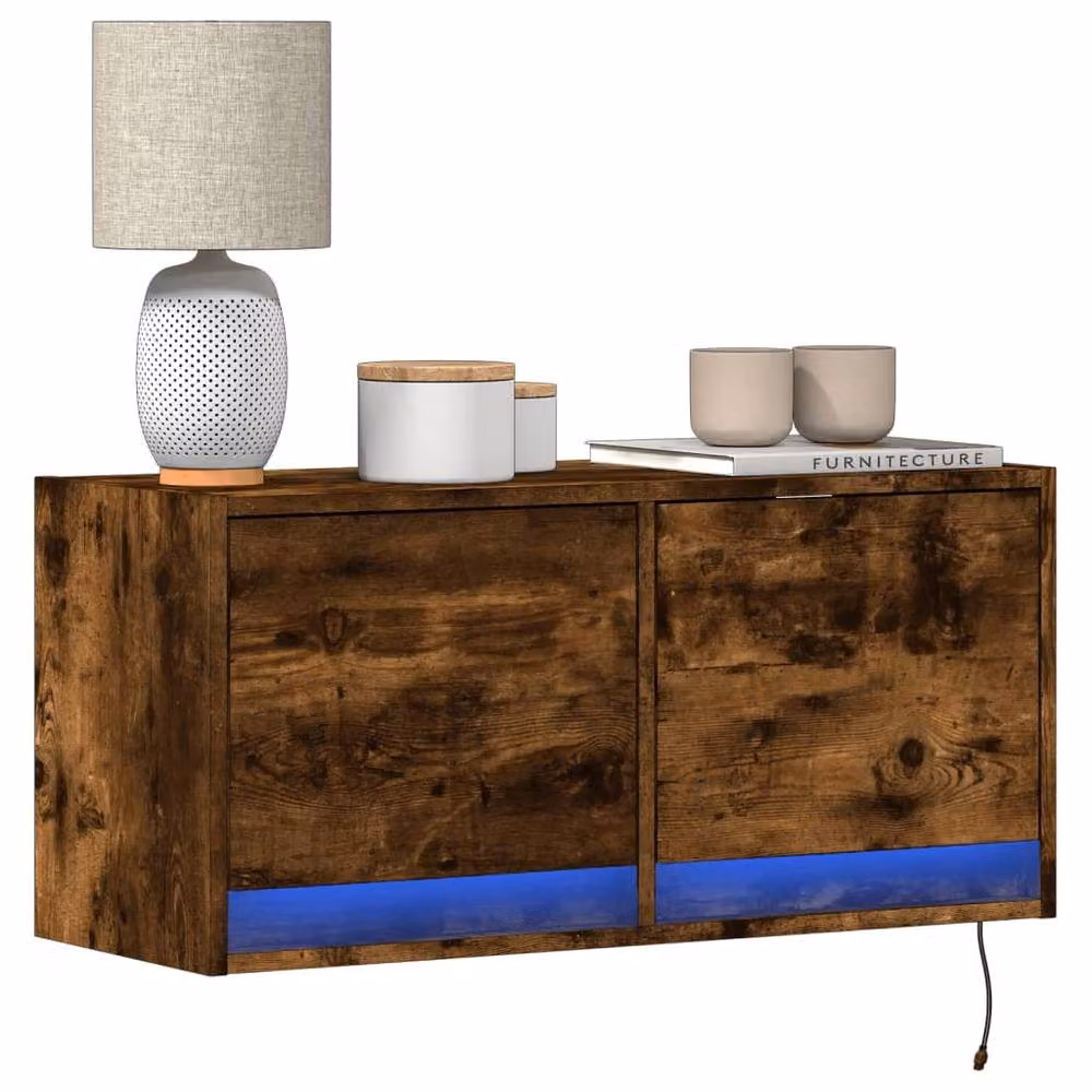Berkfield Home TV Wall Cabinet with LED Lights in Smoked Oak Brown, W/D/H: 80 x 31 x 35 cm – 2