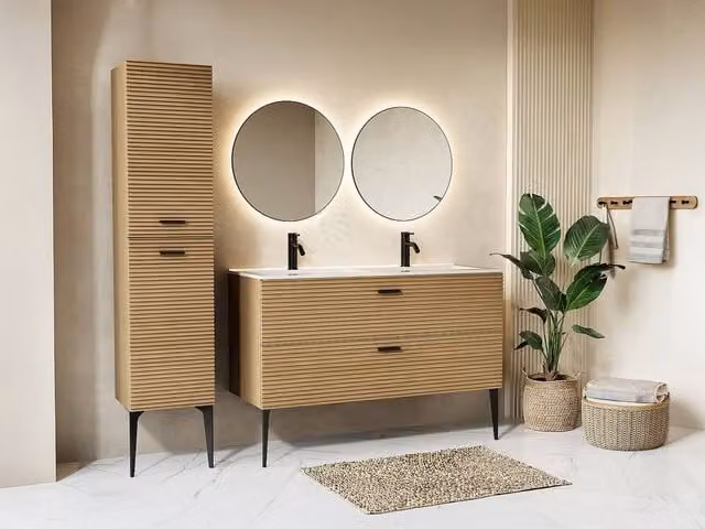 Vente-unique Fluted Freestanding Bathroom Vanity Unit with Inset Basin and Tall Cabinet in Light Oak, W/D/H: 120 x 46 x 55 cm – 1