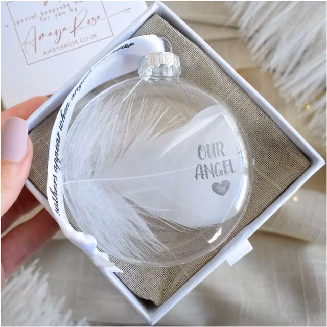 Amaya Rose Ltd In Memory of Our Angel Feather Round Glass Bauble in Clear and White