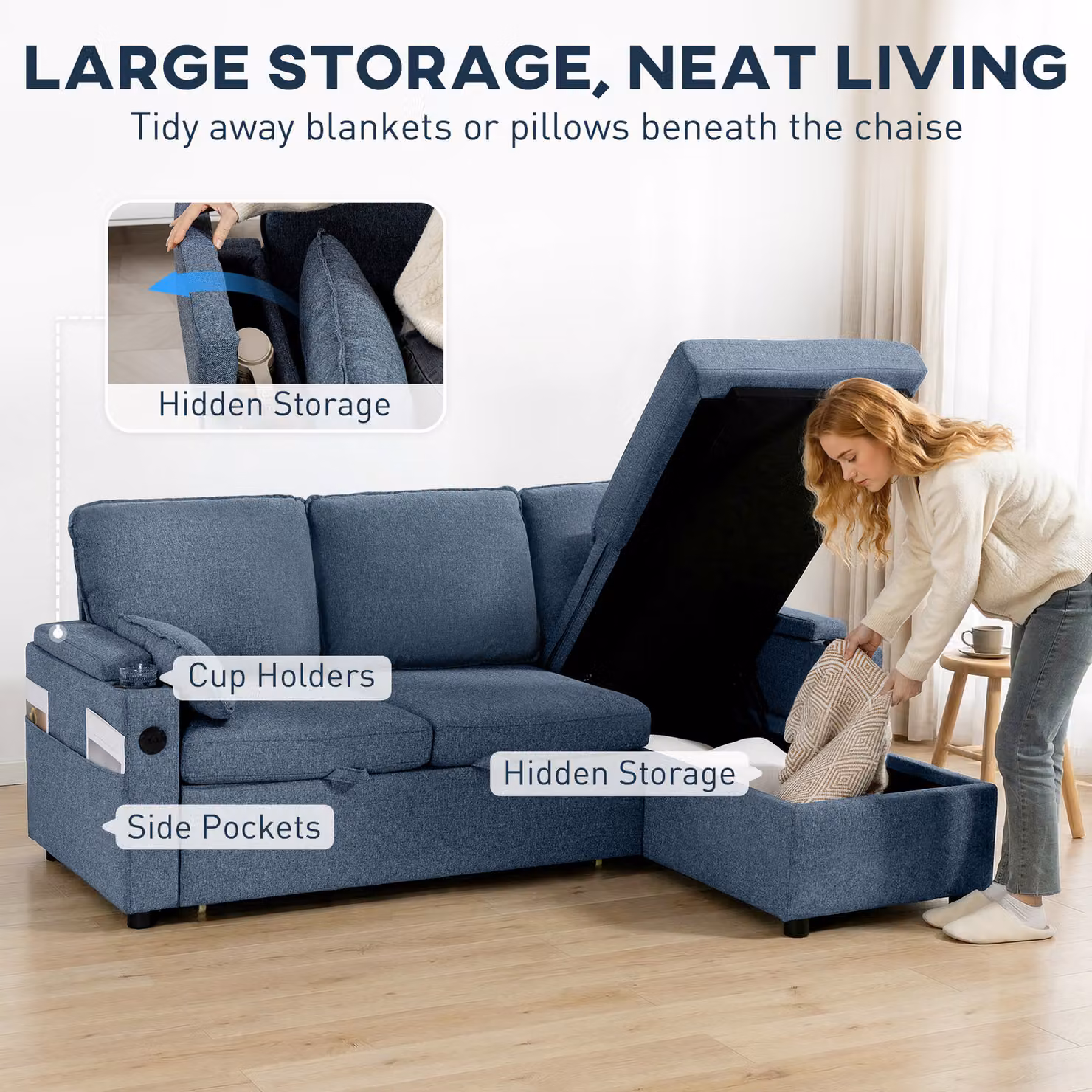 HOMCOM L-Shaped Corner Sofa Bed in Blue with Reversible Storage Chaise, USB Charging and Cup Holders – 7