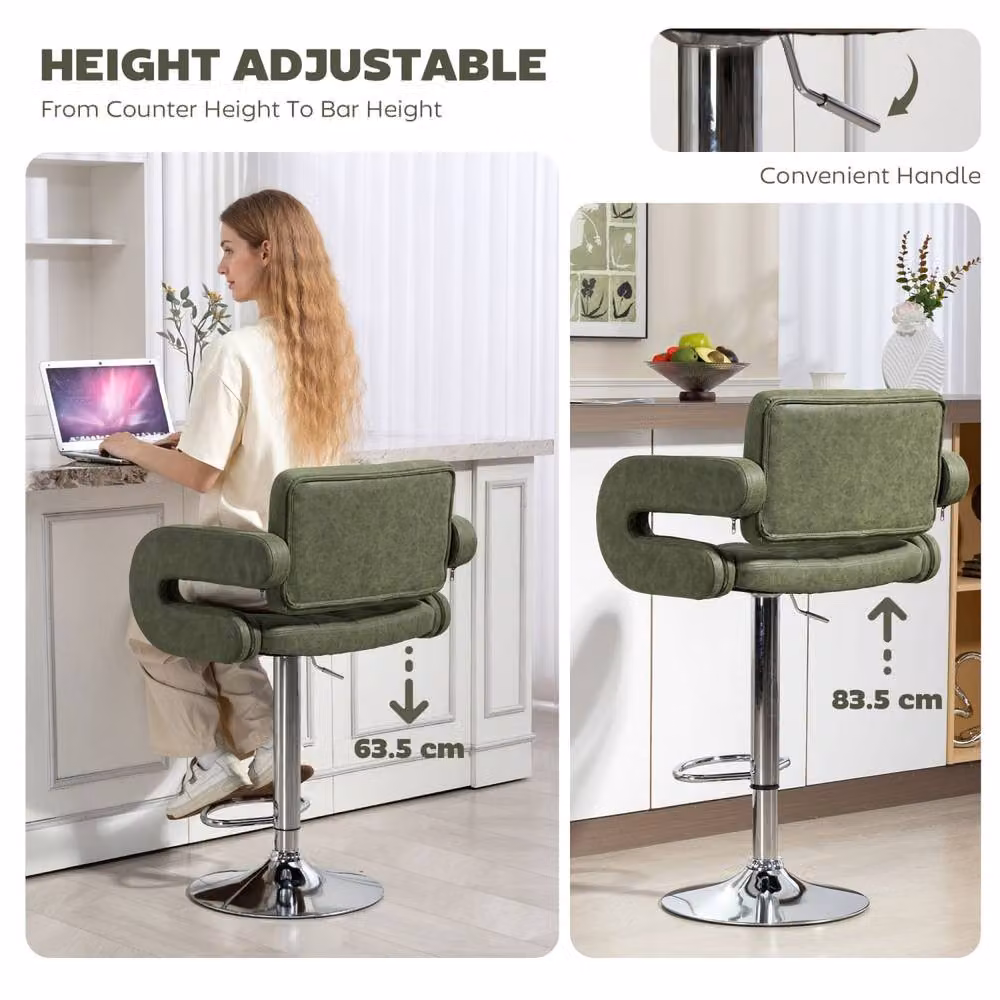 Wyld Haus Dovetti Green Faux Leather Adjustable Swivel Bar Stool with Armrests – 4
